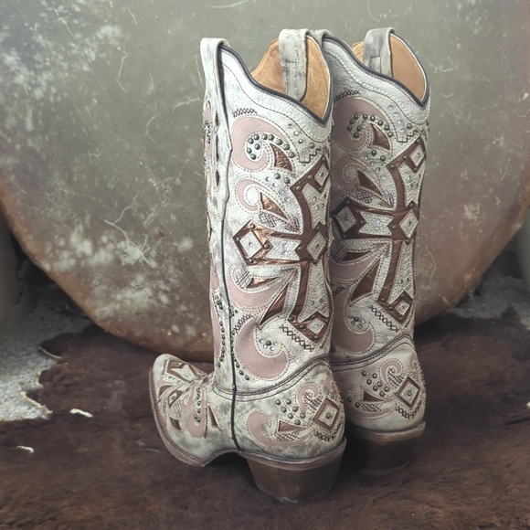 CORRAL AB084 "Sadler" ivory leather bronze cross cowgirl boot snip toe sz 9.5 - Picture 13 of 16